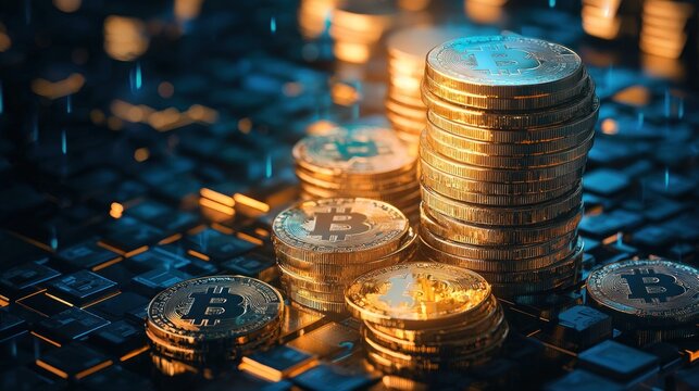 Stacks of gold coins on a digital circuit board with a blurred background.