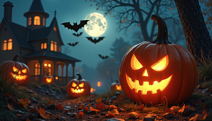 Spooky Mansion with Jack-o'-Lanterns and Bats