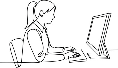 Woman working on computer at desk in simple line drawing style