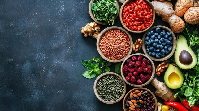 A variety of colorful fruits and vegetables arranged on a dark background.