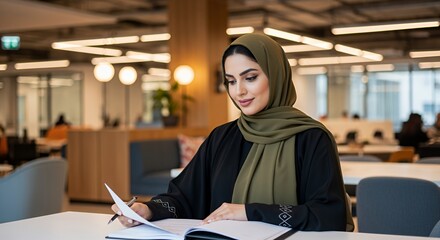 A young woman in a hijab thoughtfully reviews documents at her desk in a modern, bright .