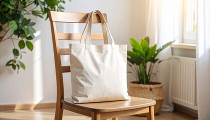 Natural Cotton Tote Bag Resting on a Wooden Chair in a Sunlit Room with Houseplants