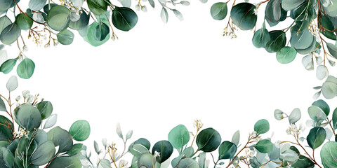 Watercolor Eucalyptus and White Flower Frame on Transparent Background, PNG
