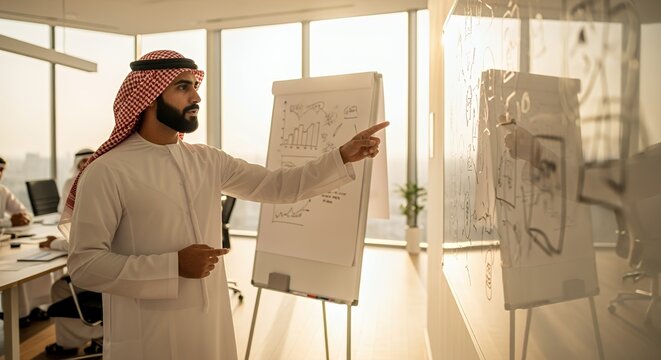 A businessman in traditional Middle Eastern attire confidently presents a business plan on a whiteboard during a team meeting in a modern .