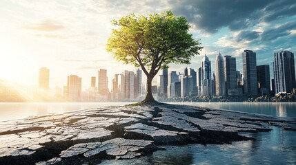 A lone tree stands on a rocky outcrop, with a city skyline in the background, under a dramatic sky with clouds.