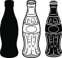 Three retro glass soda bottles in silhouette and line art styles