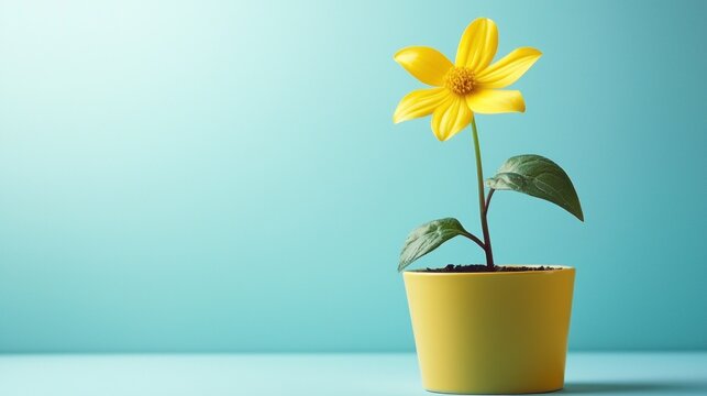 A yellow flower in a yellow pot on a blue background. The flower concept of nature and growth. The image emphasizes the vibrant colors and simplicity of the plant.