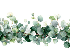 Obraz premium Watercolor Eucalyptus Branch Border with Green and Gray Leaves, PNG