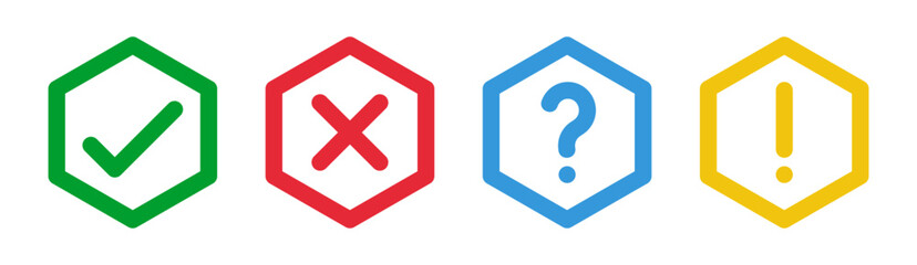 Obraz premium green check and red cross symbols, blue question mark and yellow exclamation point, octagonal thin line vector signs, colorful octagons icons set