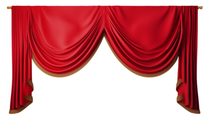 Red velvet curtains draped on a rod with a transparent background