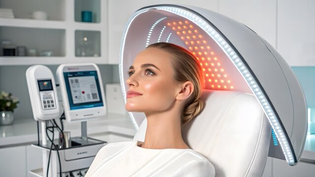 Model with glowing face in lab chair under LED skin analysis scanner