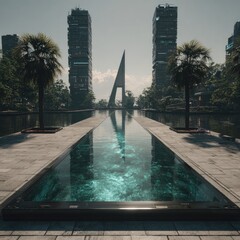 A tranquil, futuristic oasis with a long reflecting pool, flanked by palm trees and towering skyscrapers under a hazy sky