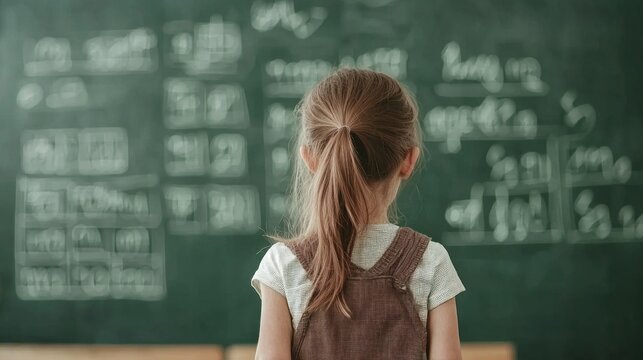 A young girl standing in front of a chalkboard with mathematical equations written on it.