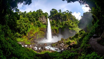 Obraz premium Majestic waterfall cascading amidst verdant tropical foliage in a breathtaking scene of natural