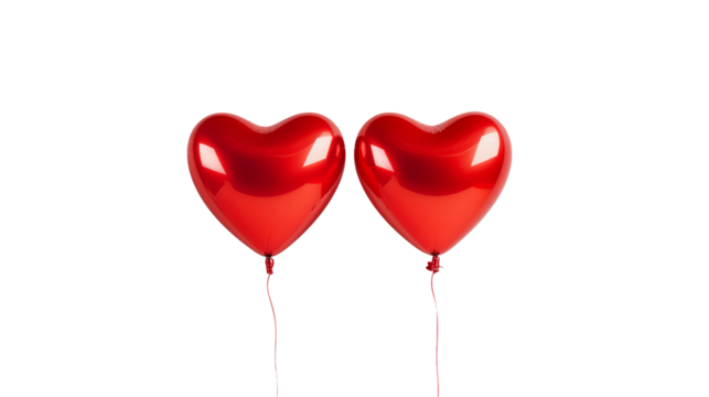 Two red heart shaped balloons floating on transparent background