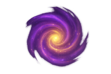 Purple spiral galaxy spinning, luminous yellow core glowing against dark cosmic expanse, isolated transparent background