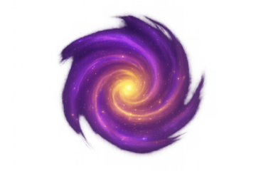 Purple spiral galaxy spinning, luminous yellow core glowing against dark cosmic expanse, isolated transparent background