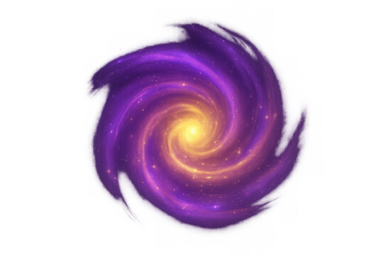 Purple spiral galaxy spinning, luminous yellow core glowing against dark cosmic expanse, isolated transparent background