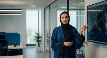A confident businesswoman in a hijab presents financial data on a large screen in a modern setting.