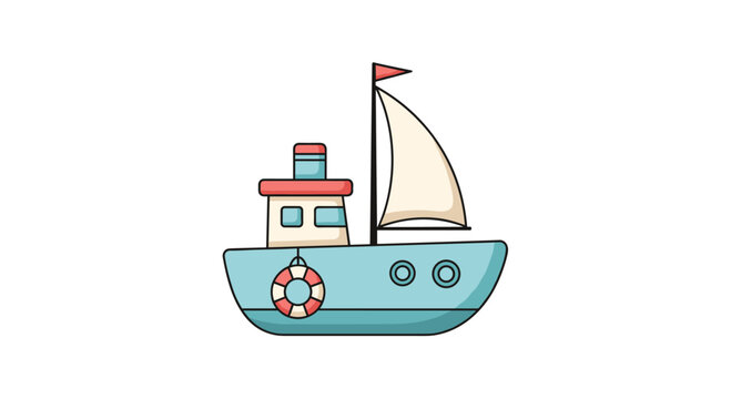 A Cute Cartoon Sailboat With A Life Ring Floating On The Water Ready For A Journey