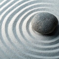 A grey stone rests at the center of concentric circles raked in pale sand, a minimalist zen garden scene