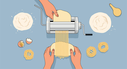 Homemade pasta preparation with a manual machine and fresh ingredients displayed on a table top view