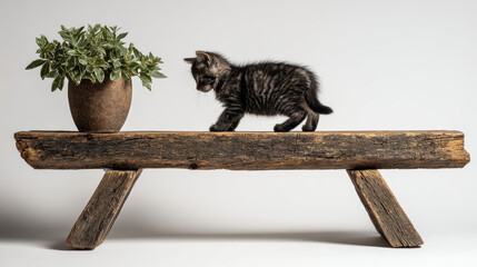 Curious black tabby kitten walking on rustic wood bench beside green potted plant