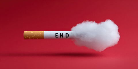 Symbolic End to Smoking Habit, A single cigarette with the word END and a puff of smoke on a red background.
