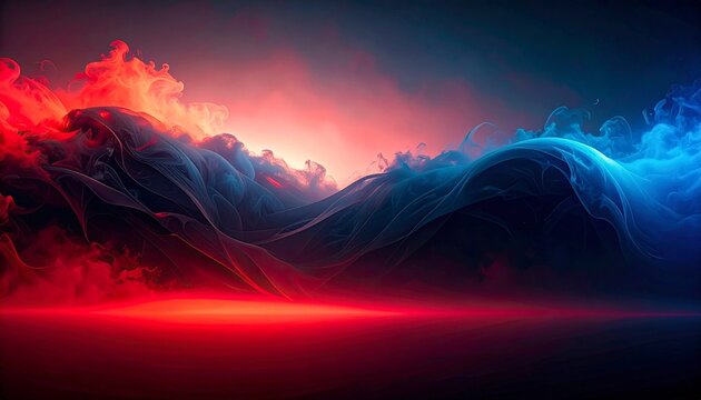 Vast Cosmic Landscape with Fiery Red and Icy Blue Nebulas and Swirling Smoke