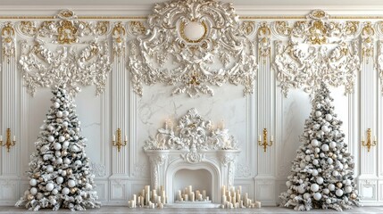 Christmas Tree in Ornate Room with Fireplace and Candles