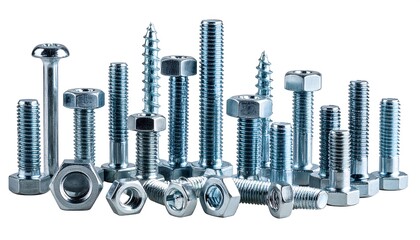 Assortment of various metallic fasteners, bolts, and nuts, isolated on white background