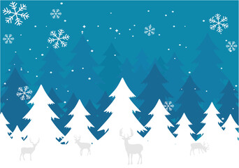 Winter Wonderland: A serene winter scene of snow-covered fir trees, snowflakes, and silhouettes of deer, evoking the peacefulness of a winter landscape.