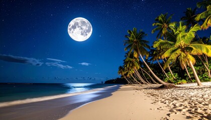 Beautiful tropical beach at night under a full moon with palm trees