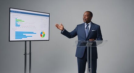 A confident speaker presents insightful data visualizations on a large screen during a professional presentation.