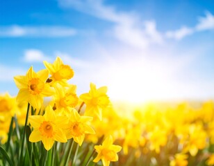 Fototapeta premium Bright yellow daffodils in a field, sunlit against a vibrant blue sky