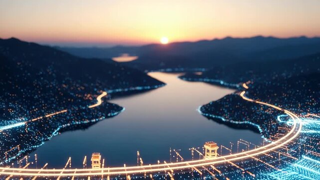 A breathtaking sunset over a serene lake framed by mountains showcasing a vibrant city illuminated with lights and digital connections symbolizing innovation and modernity