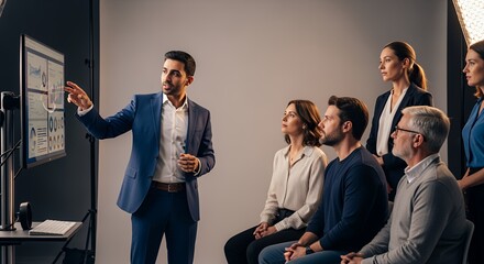 A diverse team listens attentively as a presenter shares data on a large screen during a collaborative business meeting.