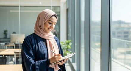 A young woman in a hijab thoughtfully jots notes in her planner near a large window in a modern .