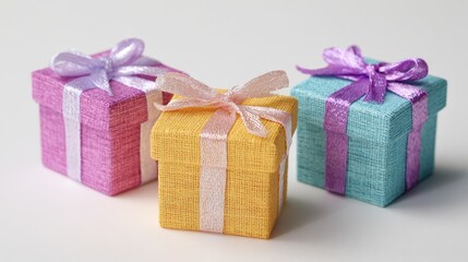 Obraz premium Three textured gift boxes in pink yellow and turquoise each with a contrasting ribbon bow arranged on a white surface