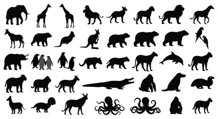 Fototapeta premium Silhouette Collection of Diverse Animals Wildlife Illustrations Isolated Against White Background A Comprehensive Vector Set