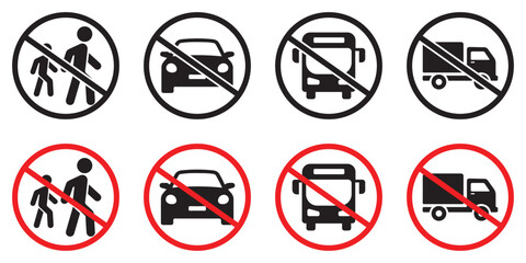 Set of no parking road warning signs. No cars entry, the red circle sing. Vector illustration.	