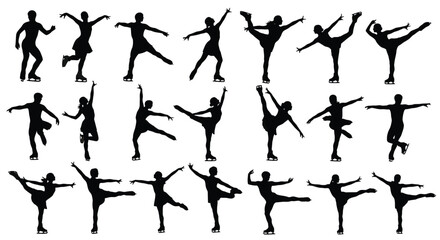 Figure Skating Silhouettes Collection of Professional Athletes Performing Elegant Moves on Ice for Winter Sports and Artistic Gymnastics