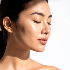 Close-up of a serene woman with glowing skin, eyes closed, illuminated by sunlight