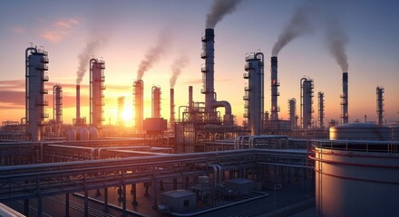 Fototapeta premium Industrial Power Plant with Smoking Chimneys at Sunset, Energy Production and Pollution