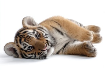 Fototapeta premium A tiger cub lies on its side displaying its distinctive stripes and bright eyes against a plain white background