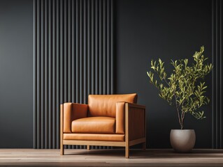 Modern living room with a single orange leather armchair and a plant.