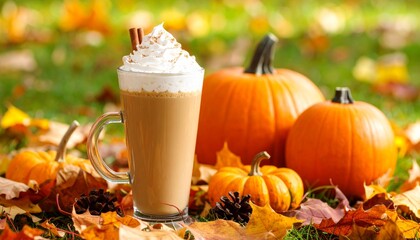 Autumnal beverage scene with pumpkins and fall foliage.