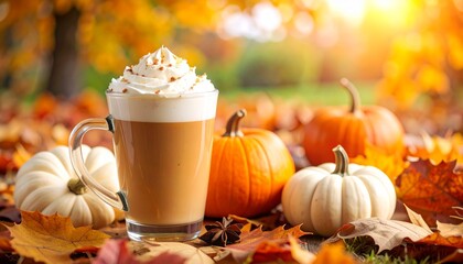 Pumpkin spice latte nestled amongst autumn leaves and pumpkins on a crisp fall day.