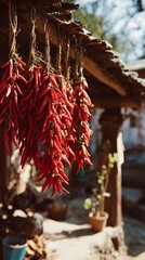 Red chili peppers drying in countryside home, red chili peppers in sunlight, traditional home with red chili peppers, Sun-Dried Chili Decor, Rural Spice Lifestyle, Traditional Kitchen Vibes,