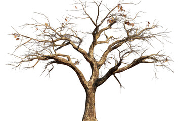 Fototapeta premium Giant tree with intricate branches and sparse leaves stands tall against plain background, showcasing its natural beauty and resilience. tree evokes sense of tranquility and connection to nature